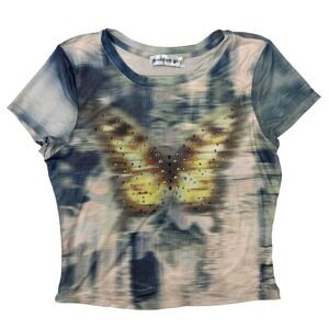 Madden Girl Butterfly Mesh Baby Tee Womens L Blue Tie Dye NWOT Rhinestones